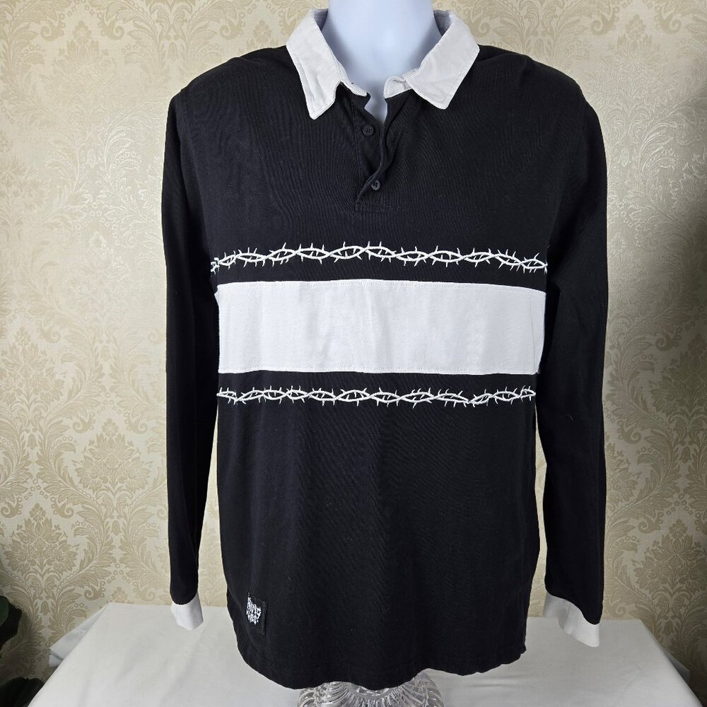 Lurking Class Size Medium Black White Double Thorn Rugby Shirt Long Sleeve